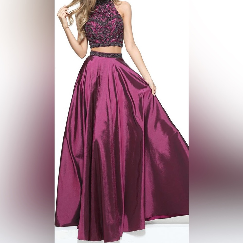 Sherri Hill 2 Piece Taffeta A-Line Gown with High Neck Beaded Top-Size 10